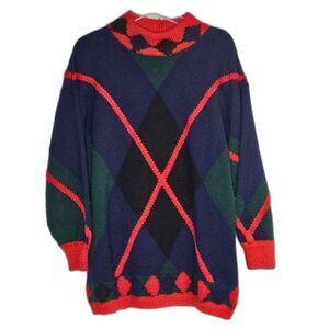 Vintage Berek 1987 Argyle Diamond Wool Long Sleeve High Neck Long Tunic Sweater